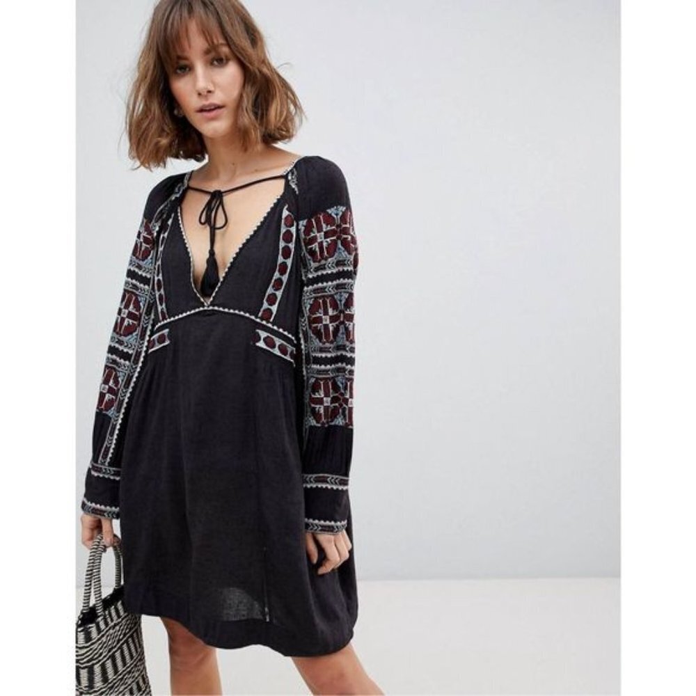 Free People All My Life Embroidered Shift Smocked Mini Dress Women’s Small